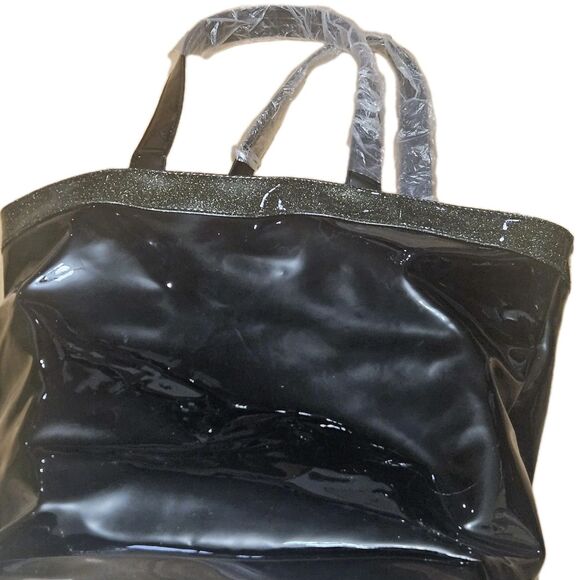 JIMMY CHOO Patent PVC BLACK Glossy XLarge Parfums Tote Bag Metallic Trim - Picture 4 of 9